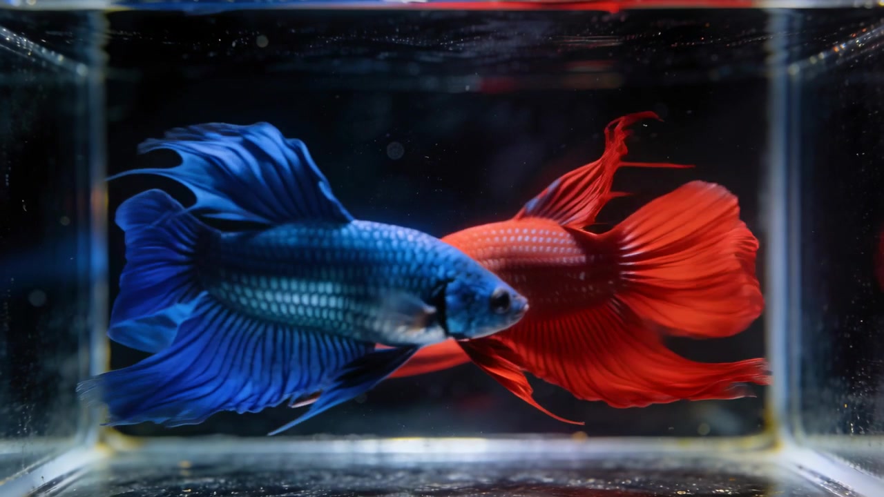 Reagendo all'esibizione di un rivale, due pesci Betta maschi si avvicinano alla linea mediana in un acquario di vetro, con le pinne che si incrociano.