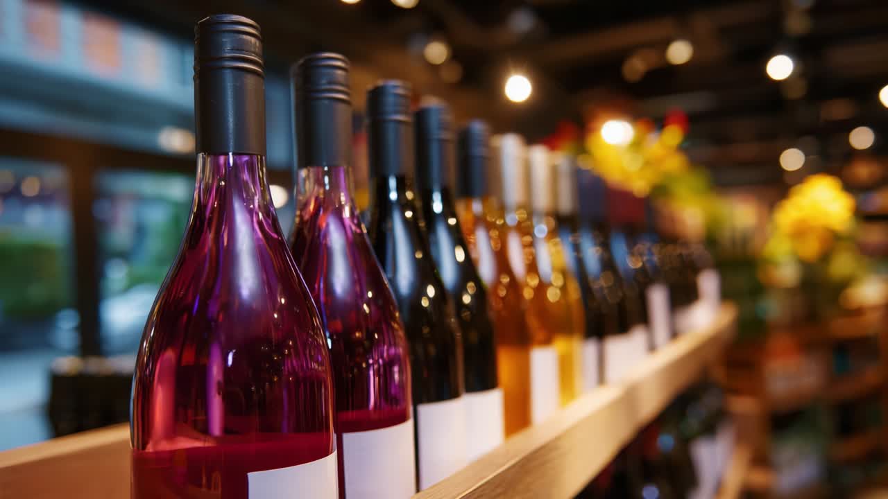 A Vibrant Display of Colorful Wine Bottles in a Contemporary Retail Setting, Showcasing a Variety of Tints Ranging from Deep Reds and Pinks to Crisp Whites, Perfect for Any Wine Enthusiast's Collection
