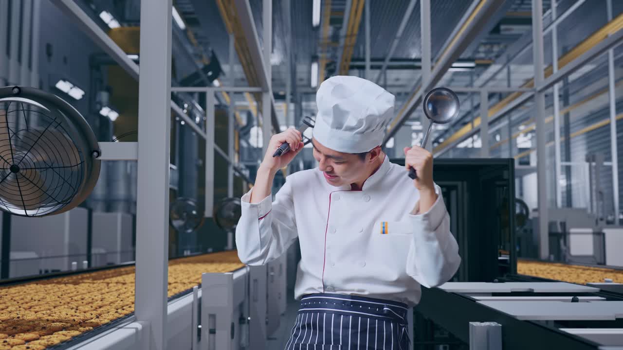 Cuoco asiatico che regge pinze e mestolo e balla in piedi, con una linea di produzione automatizzata di biscotti in una fabbrica moderna