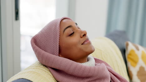 Sleeping-Muslim-woman,-relax-on-sofa