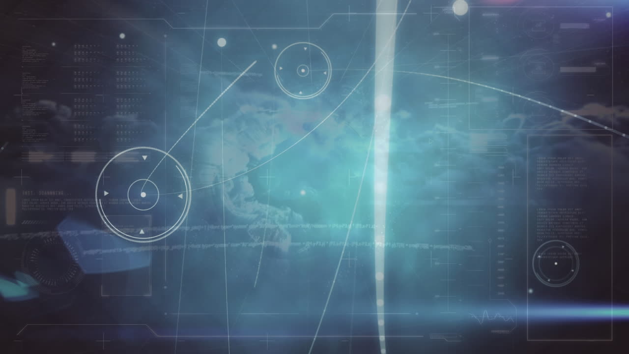Animation of network of connections and data processing over sky with clouds