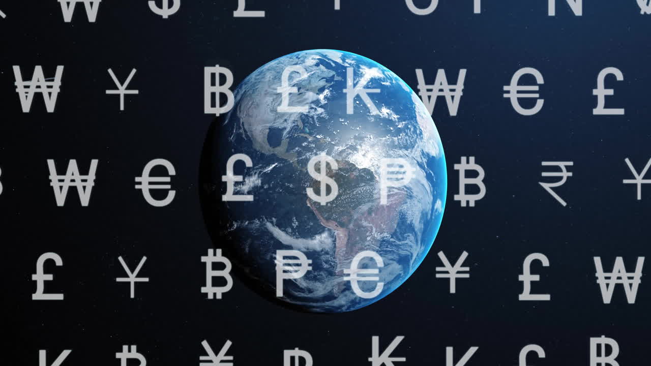 Animazione di simboli di valuta ed elaborazione di dati finanziari su un globo.