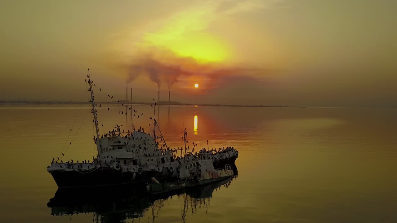 Cinematic clips of an abandoned harbor at sunset where birds turned most of the remaining rusty boats into their own nests-“islands”.