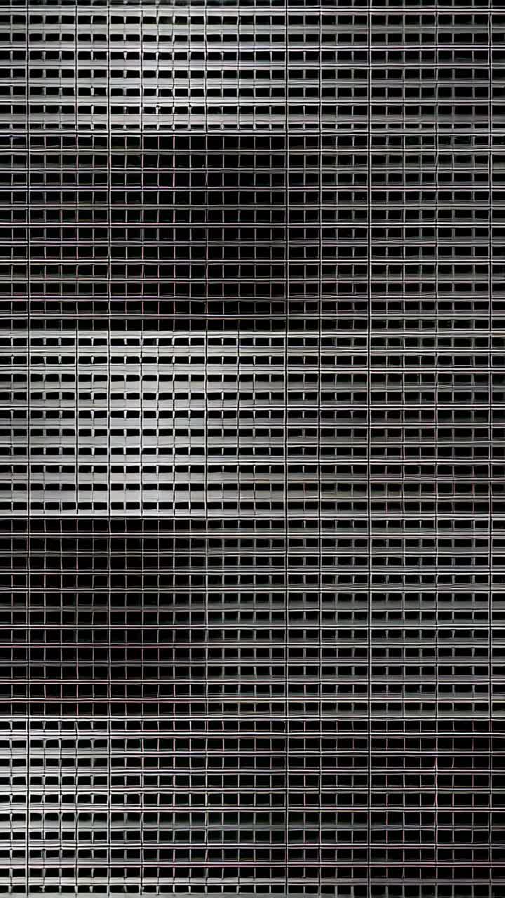 Vertical video: Shifting light creating glow across grille at closed shopfront, with grid pattern
