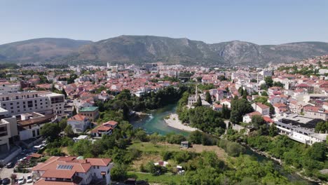 panoramic aerial of mostar and neretva river, bosnia and herzegovina