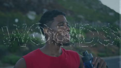 animation of wow text over african american male runner drinking water