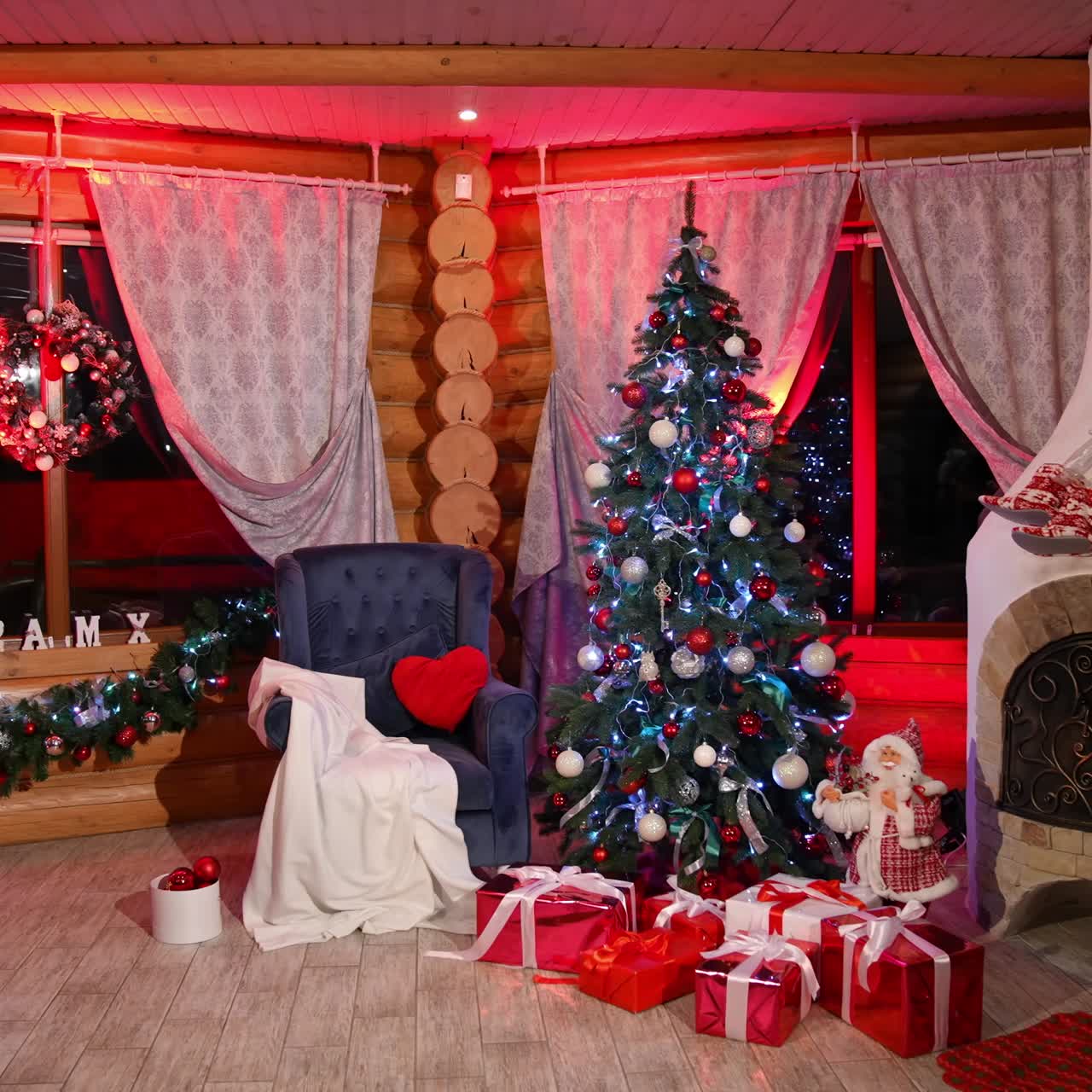 Beautiful decorated Christmas tree. Beautiful living room interior with fireplace and Christmas tree