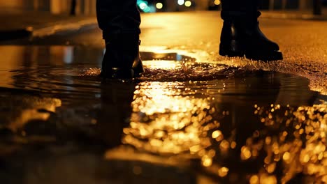 person walking through puddle at night