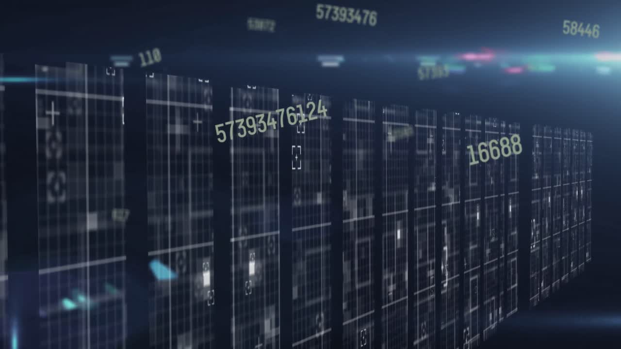 컴퓨터 서버가 있는 기술실 위에 빛의 흔적과 함께 변화하는 숫자의 애니메이션