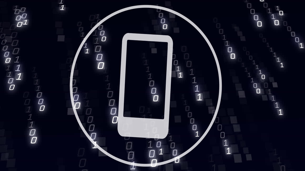 animación del icono digital del teléfono inteligente, codificación binaria y procesamiento de datos