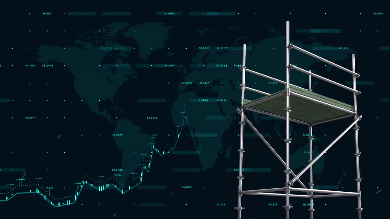 animación del procesamiento de datos financieros sobre el mapa del mundo y el andamiaje