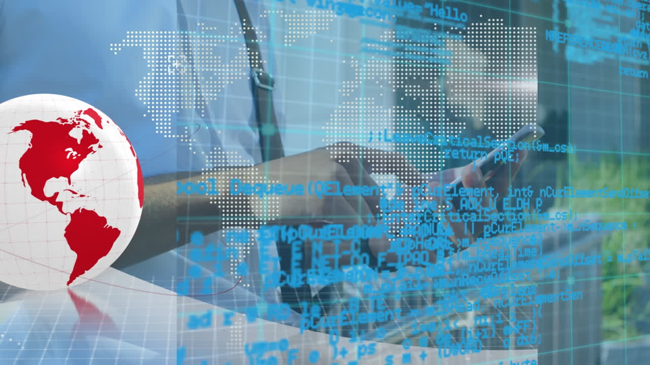 animación del procesamiento de datos financieros sobre un empresario caucásico que usa un teléfono inteligente