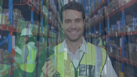 animación de estadísticas y procesamiento de datos financieros sobre el hombre que trabaja en el almacén