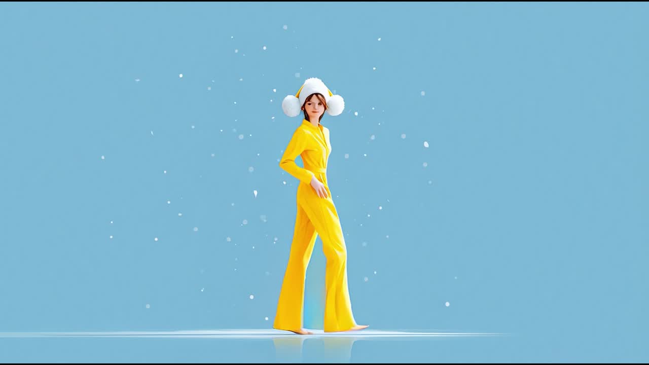 A cheerful animated character walks confidently through a snowy landscape, dressed in a bright yellow outfit with a fluffy white hat, embodying a sense of joy and winter magic