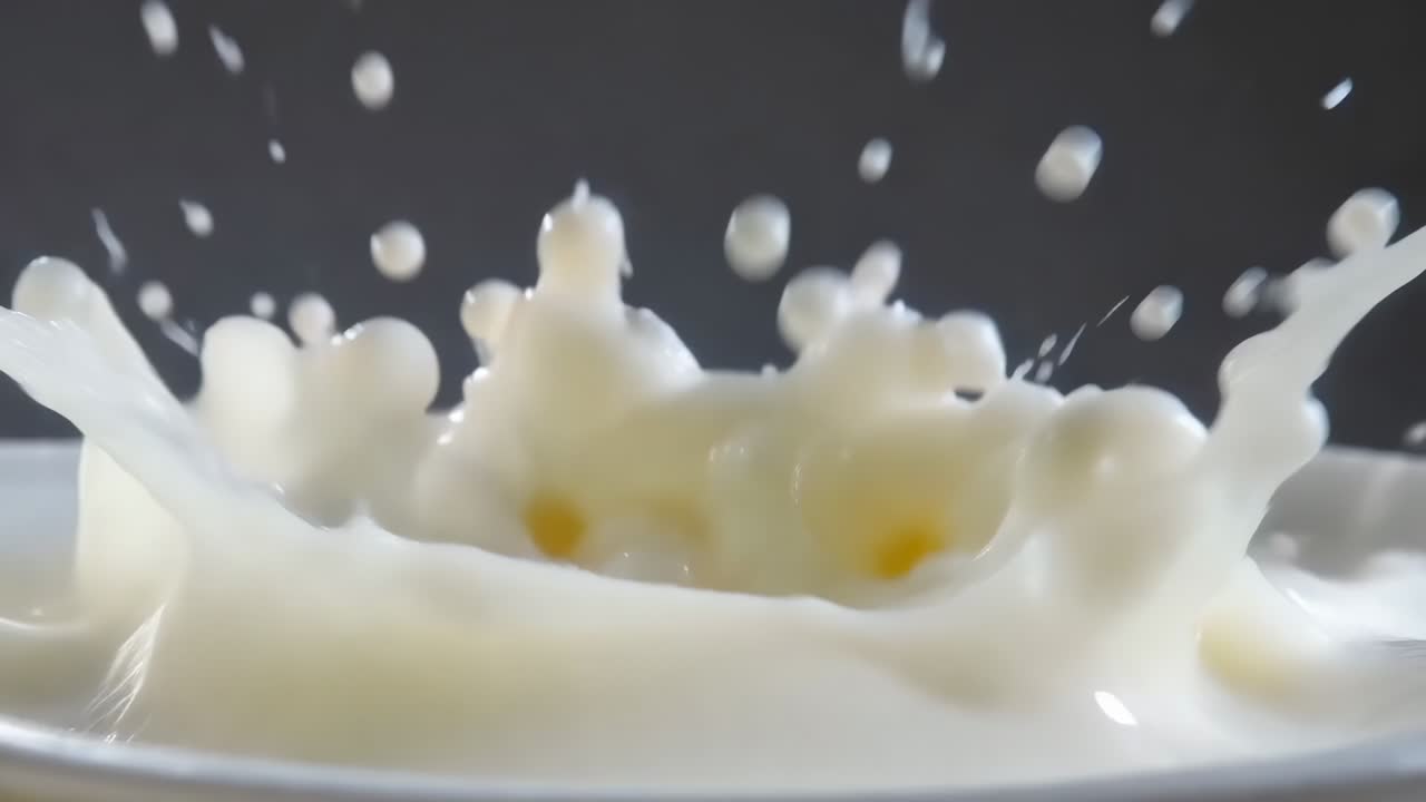 浅い皿の牛乳の暗い背景に、水滴が衝突して王冠のような水しぶきを作り、水流と水滴を飛ばしている様子