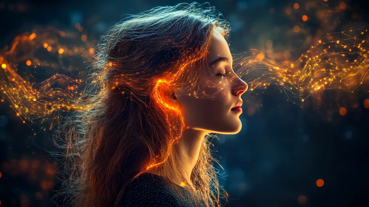 Woman with flowing light around her head. A woman stands still with light swirling around her head in a dark setting, creating a colorful effect