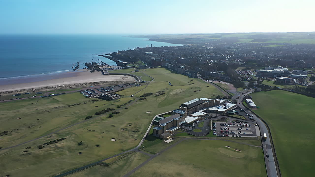 Captivating Aerial Landscape: St Andrews Town with Beach and Old Course Hotel Below