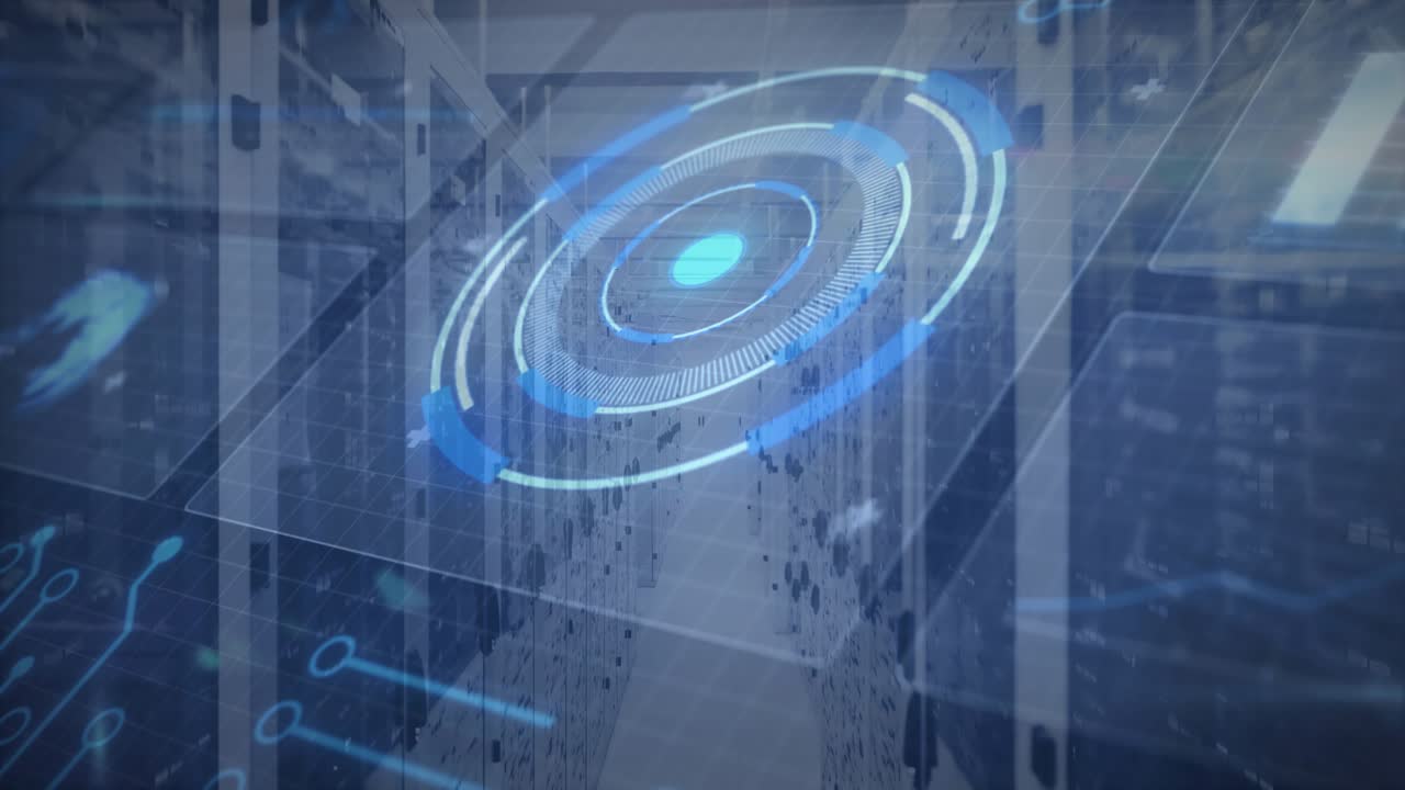 Holo ring brightening, rotating and pulsing over server aisle on sensor alert, visualizing load