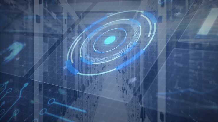 Holo ring brightening, rotating and pulsing over server aisle on sensor alert, visualizing load