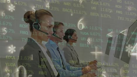 Animation-of-trading-board,-numbers,-symbols,-diverse-employees-working-on-desktops-with-headphones