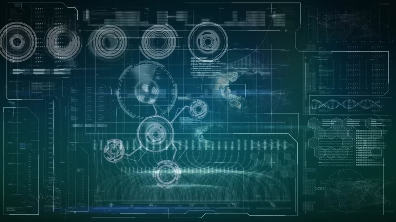 Animation of loading circles, globes, soundbars, dna helix over abstract pattern on blue background