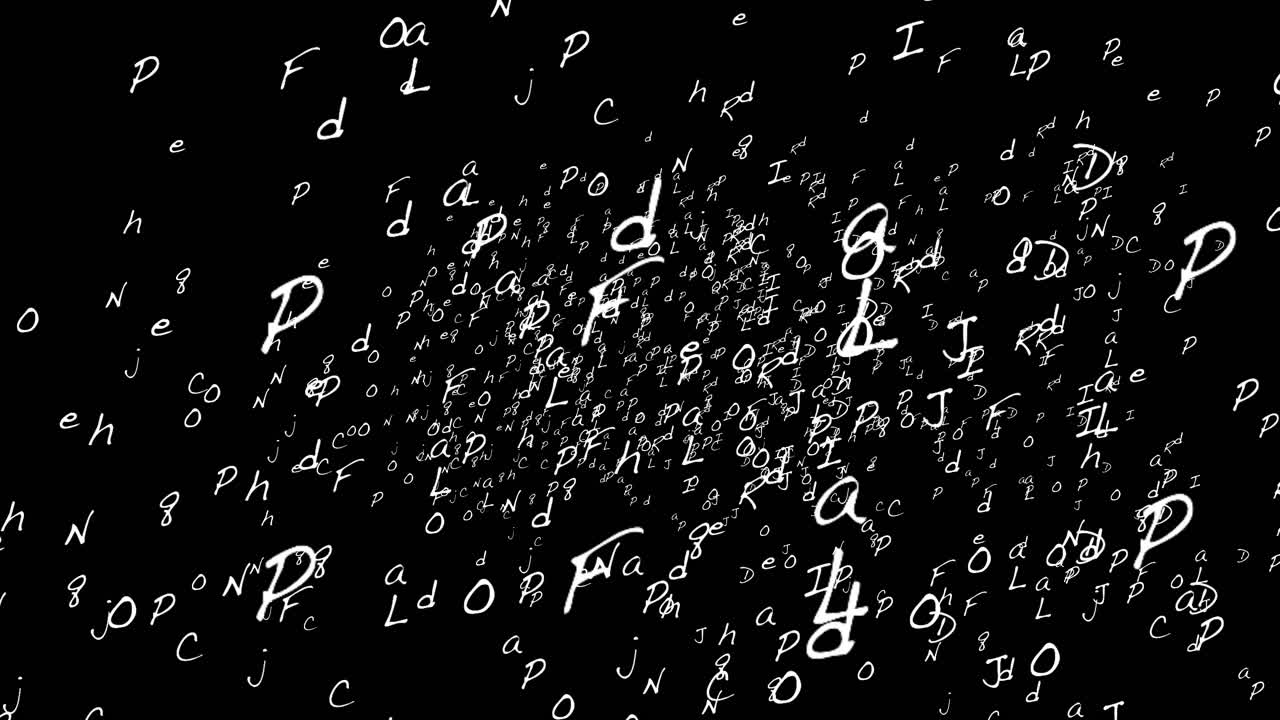 Random Scattered alphabet characters fly upwards on black screen
