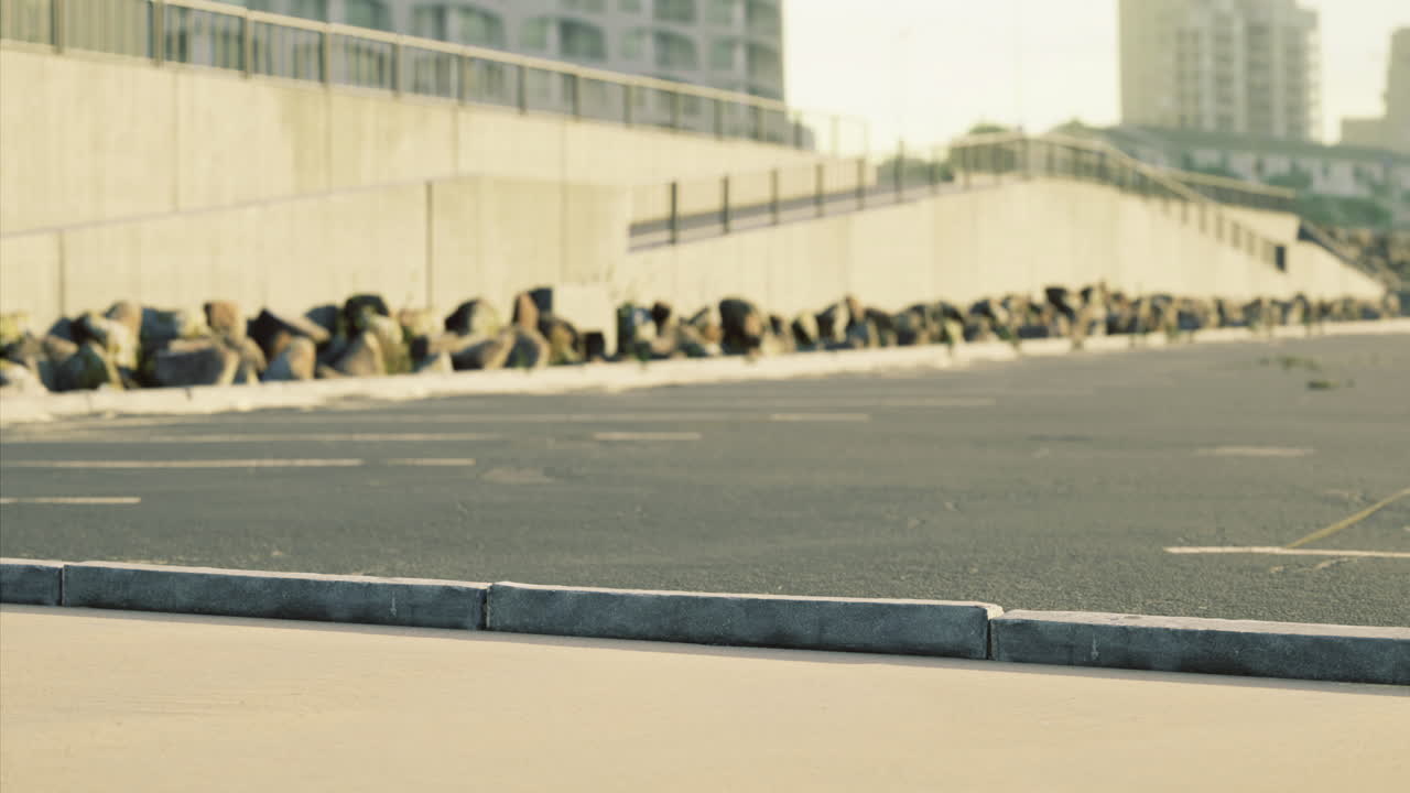 Coastal pathway lined with rocks at sunset near urban skyline