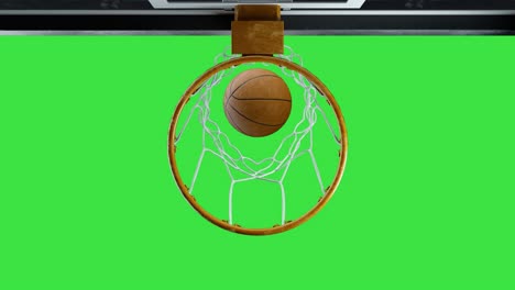 basketball hit the basket in slow motion on a green background