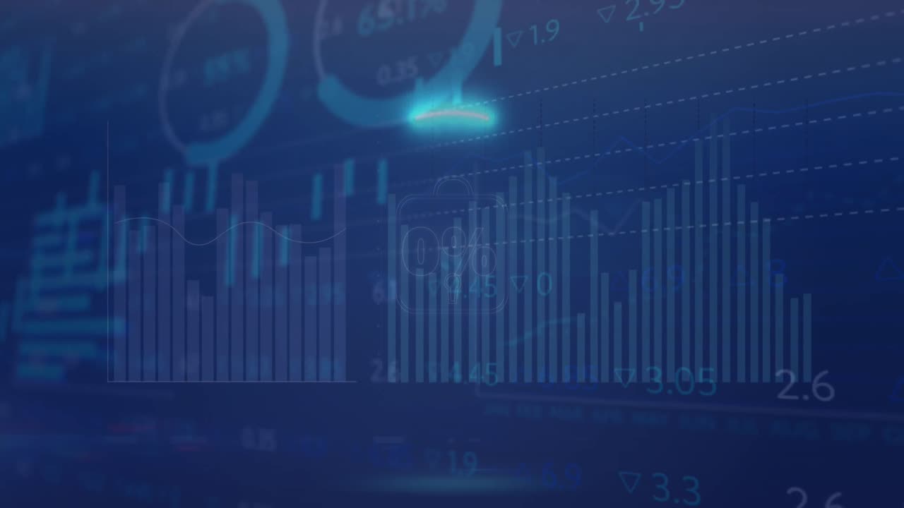 animación del candado en círculo sobre múltiples gráficos, círculos de carga y tablero de negociación en el fondo