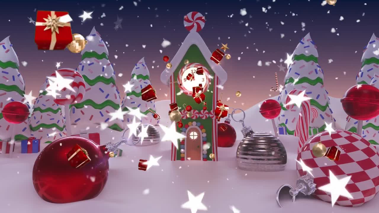 크리스마스 액세서리와 겨울 풍경 위에 내리는 눈