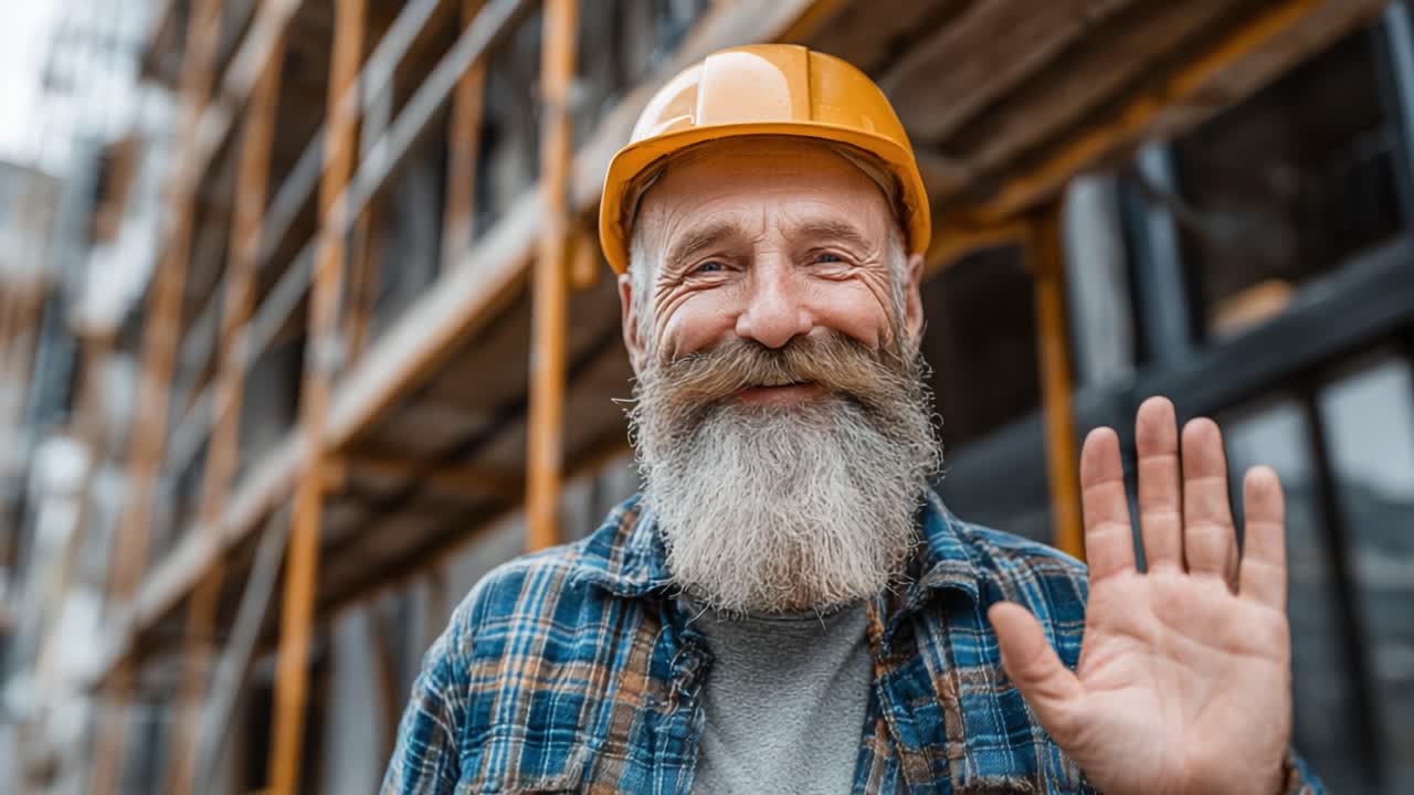 Welcoming Elderly Construction Worker Waving with a Friendly Smile at a Construction Site, Showcasing Dedication and Experience in the Building Industry