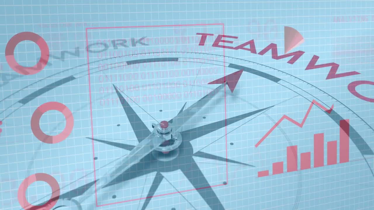 통계 및 데이터 처리의 애니메이션 및 움직이는 바늘을 가진 나침반 위의 지구