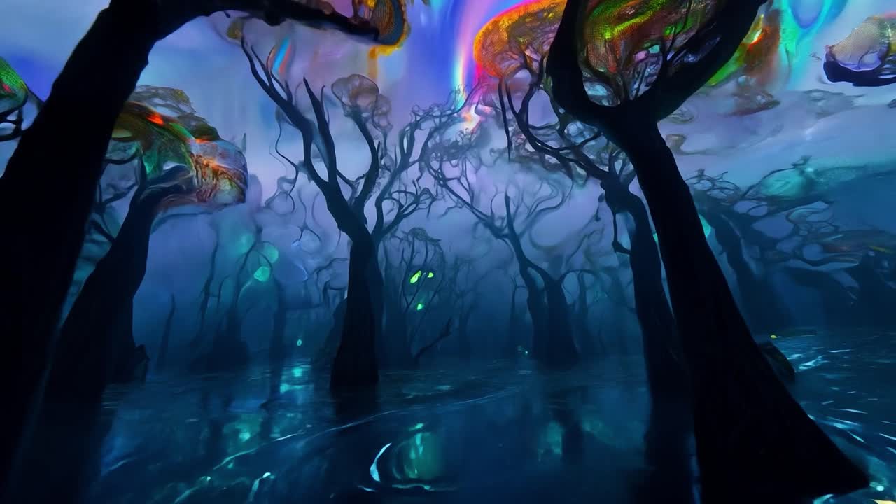Swirling psychedelic skies create a mesmerizing display above a forest, reflecting vibrant colors in the water below