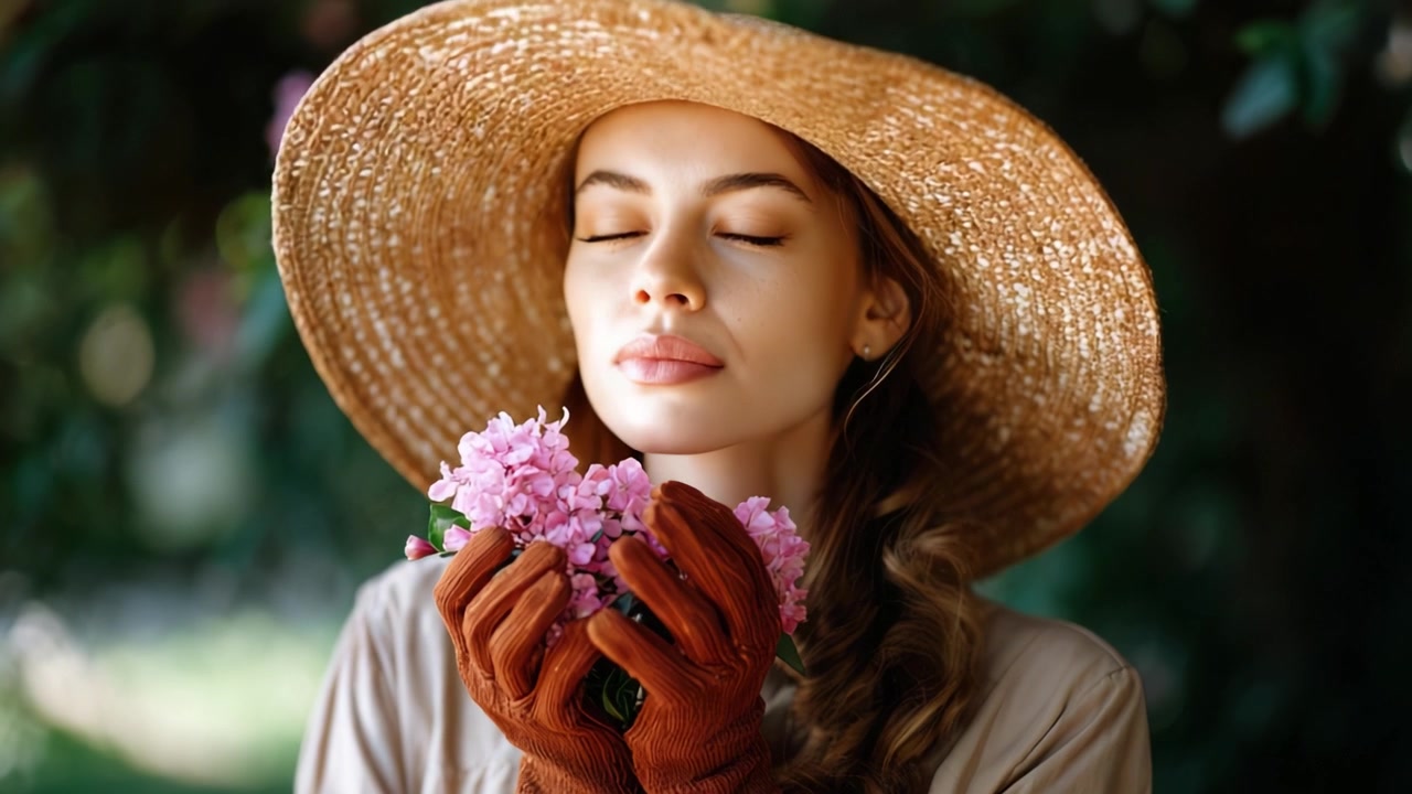Una donna con un cappello di paglia abbraccia fiori profumati, chiudendo gli occhi in un momento sereno, circondata da una vegetazione lussureggiante, irradiando gioia e tranquillità.