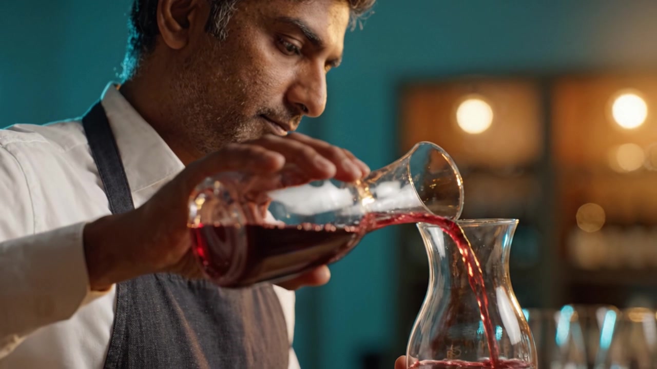 Expert sommelier schenkt rode wijn met precisie en zorg in een decanteerkaraf, waarbij de kunst van het wijnproeven wordt vastgelegd en de smaakbeleving wordt verbeterd.