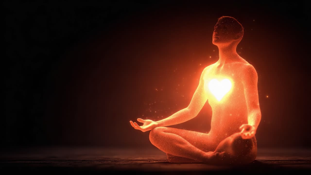 Una Figura Radiosa Medita con un Cuore di Luce, Simboleggiando la Pace Interiore e la Resilienza Emotiva in un'Esperienza Trascendente di Scoperta di Sé