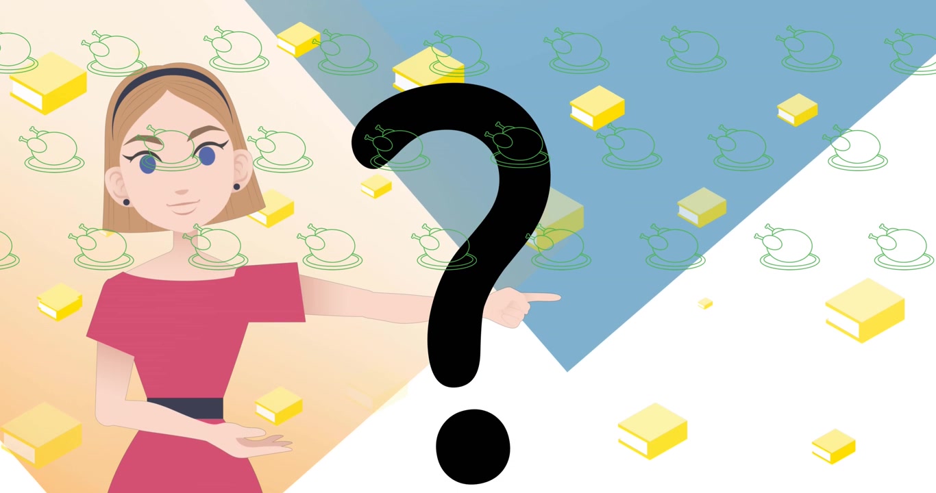 Animazione di un punto interrogativo sopra icone di libro, insegnante e pollo.