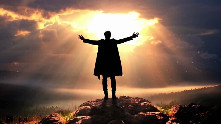 Silhouette di una persona con le braccia alzate contro un tramonto spettacolare, ripresa da dietro, concept video