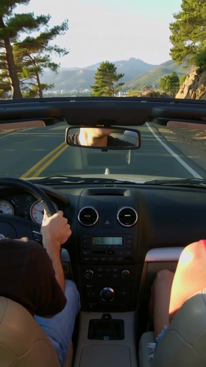 Video verticale: Coppia in auto che percorre una strada tortuosa, il conducente che sterza, il passeggero seduto con un top rosso.