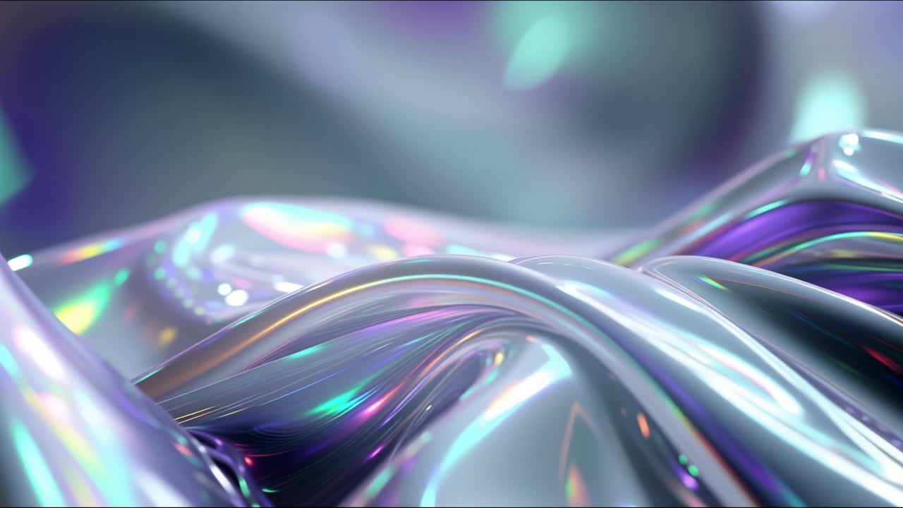 Onde luccicanti si increspano con tonalità iridescenti. Morbidi bagliori si riflettono su superfici fluide e metalliche. Cambiamenti di colore danzano su curve ondulate. Ideale per immagini futuristiche, sognanti o astratte