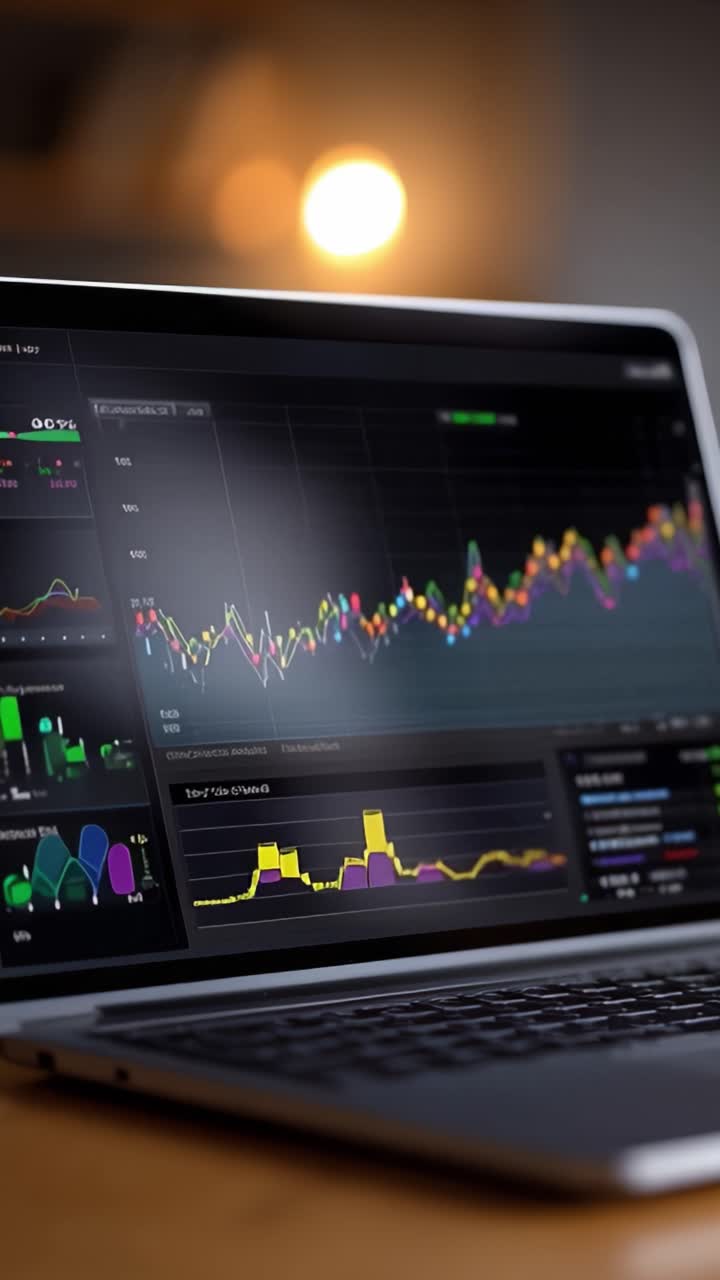 Analizzare modelli di dati complessi attraverso grafici interattivi e diagrammi dinamici su un'interfaccia di laptop moderna con effetti di luce soffusa sullo sfondo.