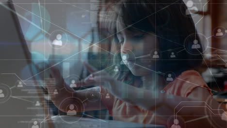 animation of network of connections with icons over biracial schoolgirl using laptop