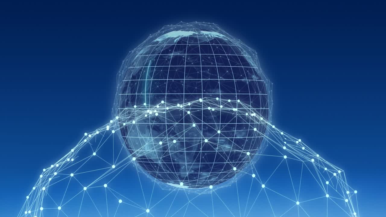 Animation of network of connections with glowing spots and globe on blue background