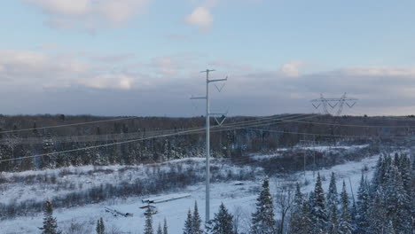 winter forest landscape with electrical transmission lines, aerial