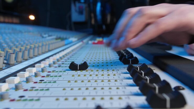 Pannelli soundboard stazione TV. Sound designer ha usato un mixer audio digitale in studio di produzione