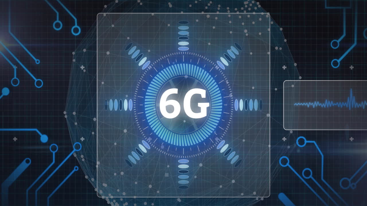 Animation of 6G technology concept with futuristic digital interface in school