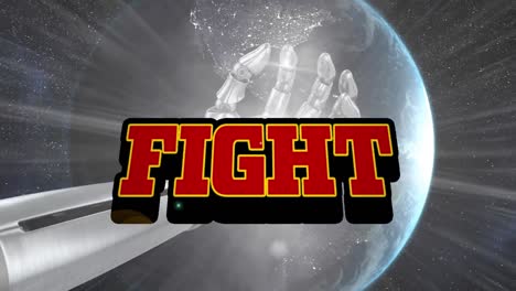 Animation-of-fight-text-in-red-letters-over-robot's-hand-and-globe