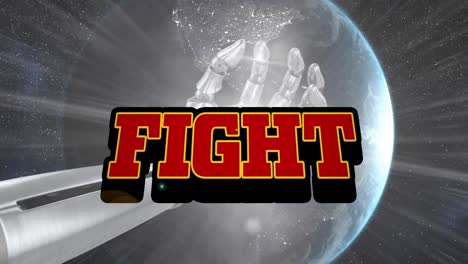 Animation of fight text in red letters over robot&#039;s hand and globe