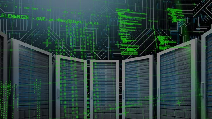 Data processing and microprocessor connections against computer servers on blue background