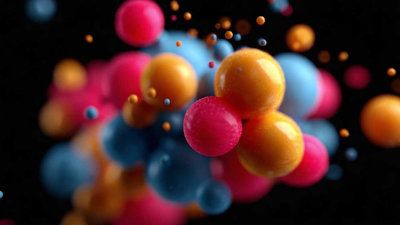 Dynamic Composition of Colorful Spheres Illustrating Scientific Concepts of Particles and Molecules in a Vivid, Abstract Representation of Physical Matter